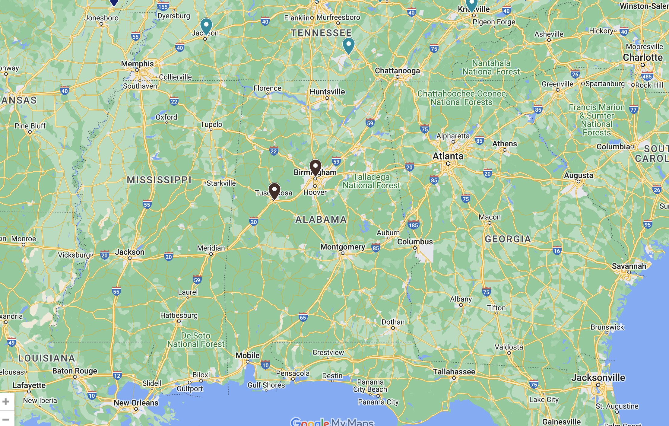 a map showing Atlas Welding's Birmingham and Tuscaloosa locations