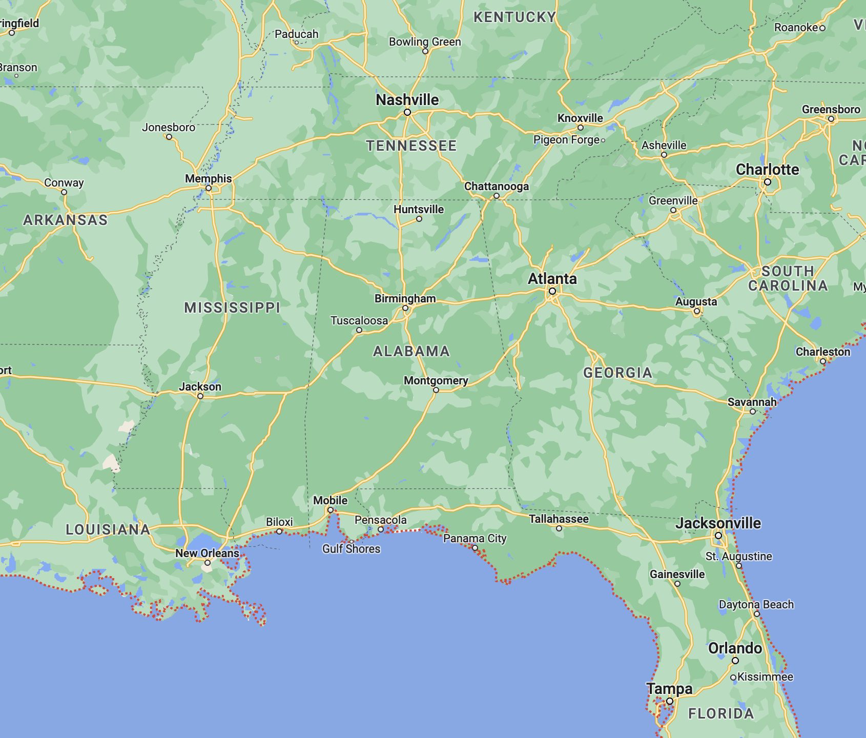 a map showing the location of nashville tennessee and alabama