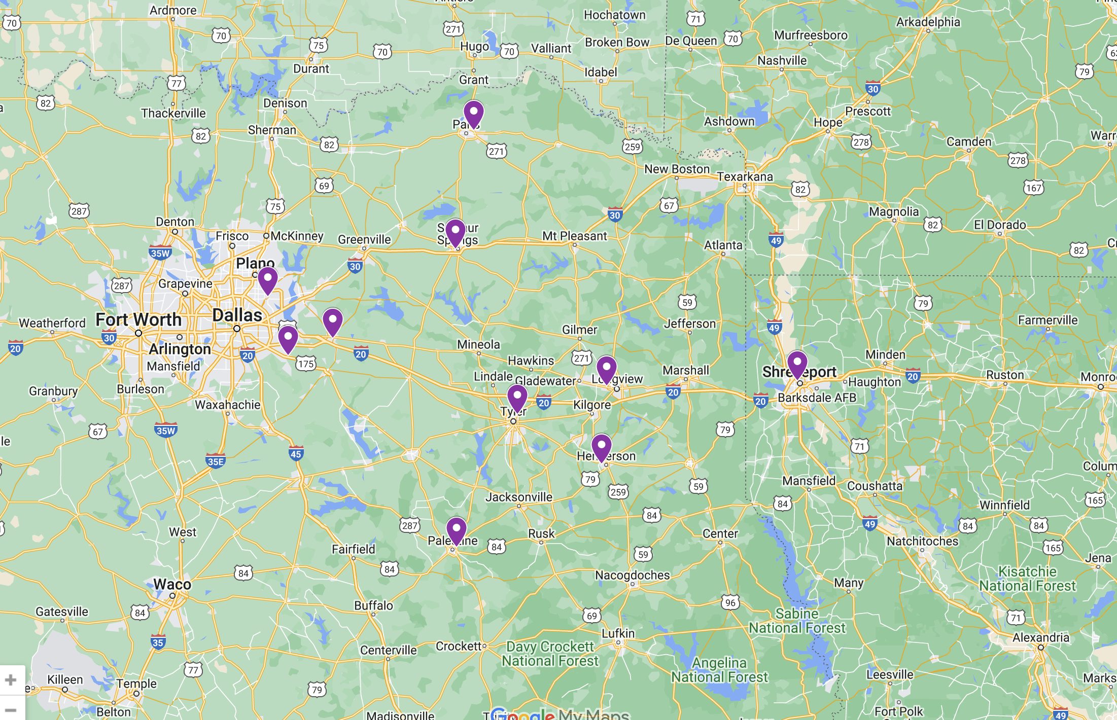 a map showing the Mitchell Welding locations in the Dallas-Fort Worth areas