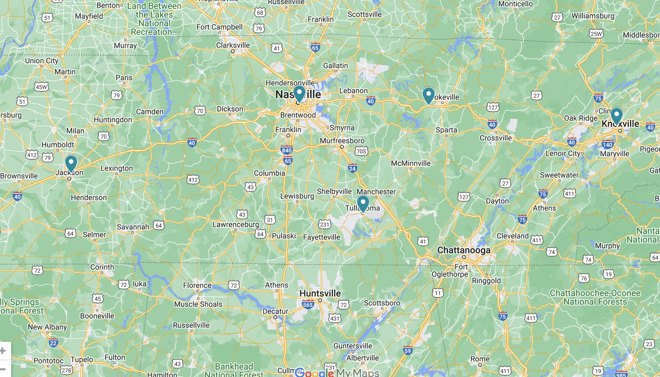 a map showing Volunteer Welders Nashville and Jackson locations