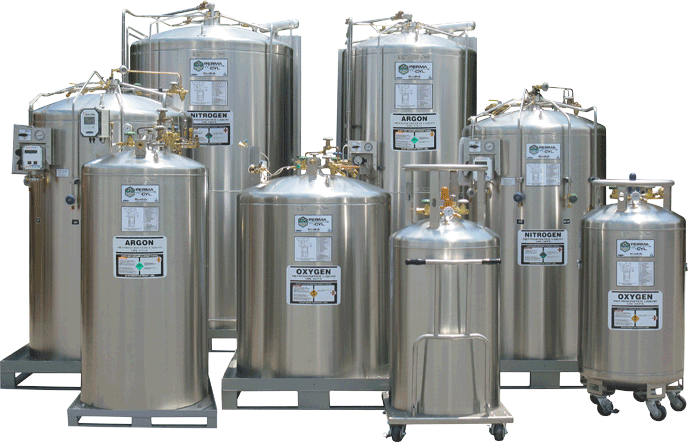a group of stainless steel tanks that say argon and oxygen
