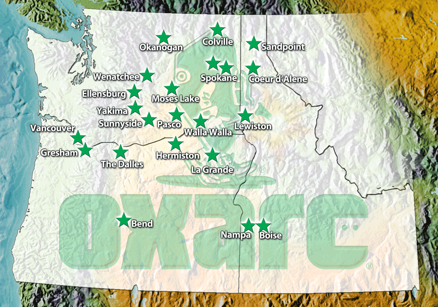 a map of the OXARC locations represented with green stars in the Pacific Northwest
